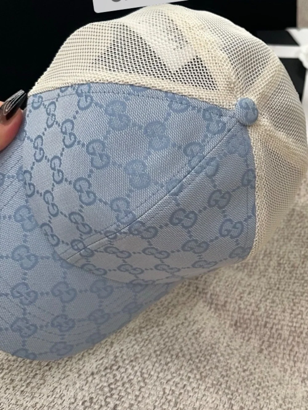Double G Designer Light Blue Signature Logo Mesh Back Truckers Hat